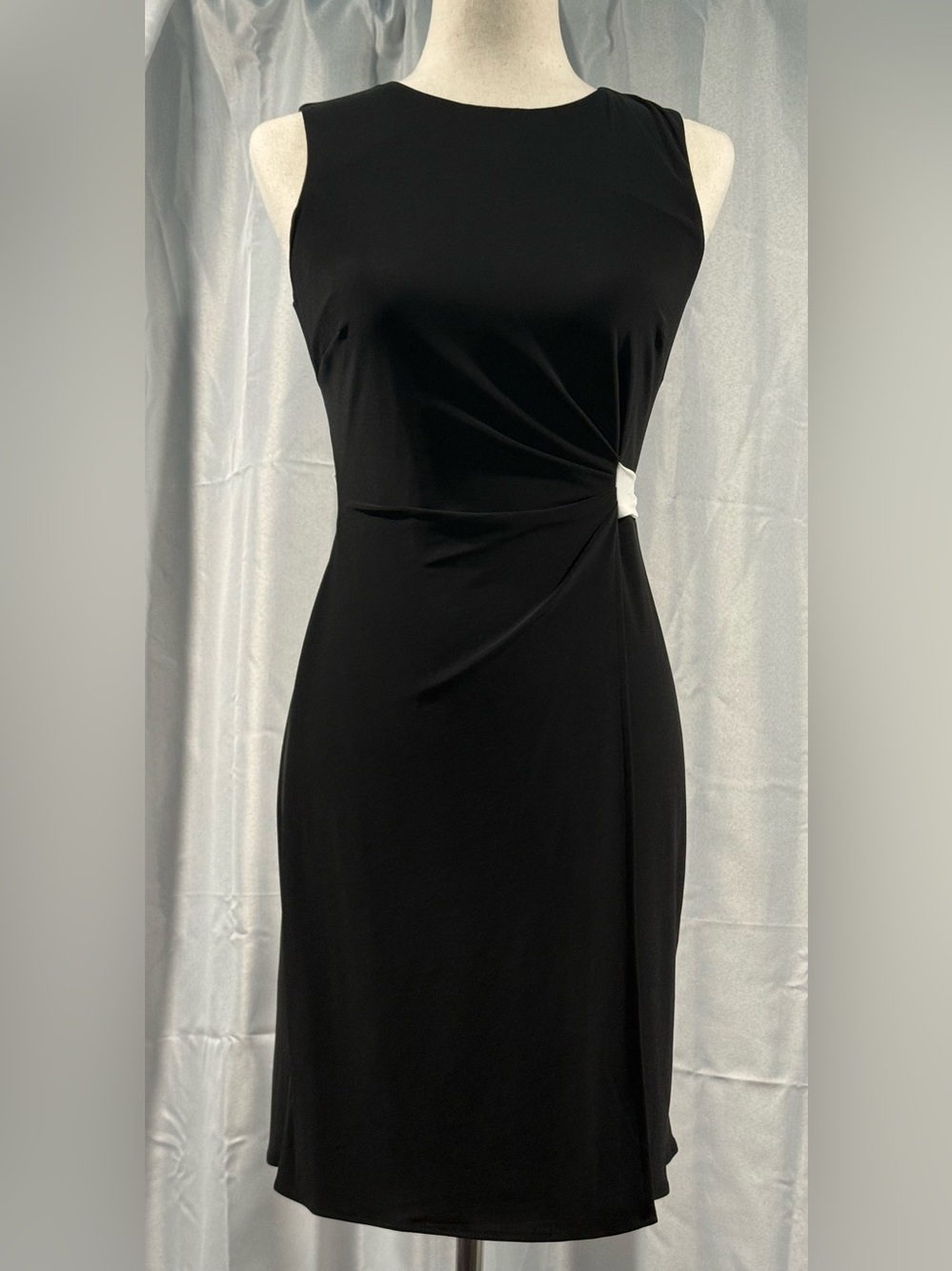 Chaps Black Sleeveless Dress with White Tie Accent